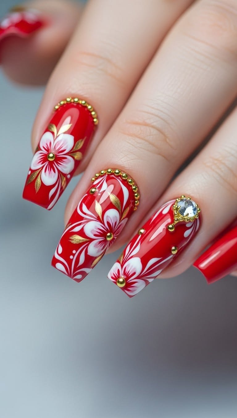 Unhas vermelhas com flores brancas e detalhes dourados