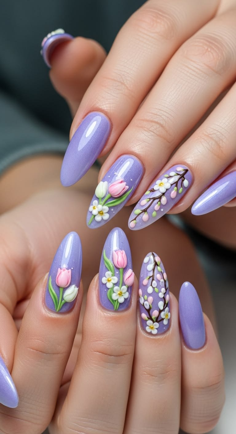 Unhas lilás com tulipas, flores e pedrarias