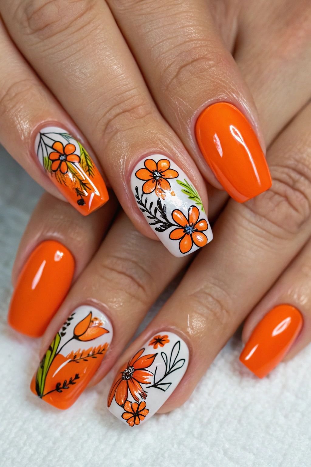 Unhas laranja com flores e desenhos delicados