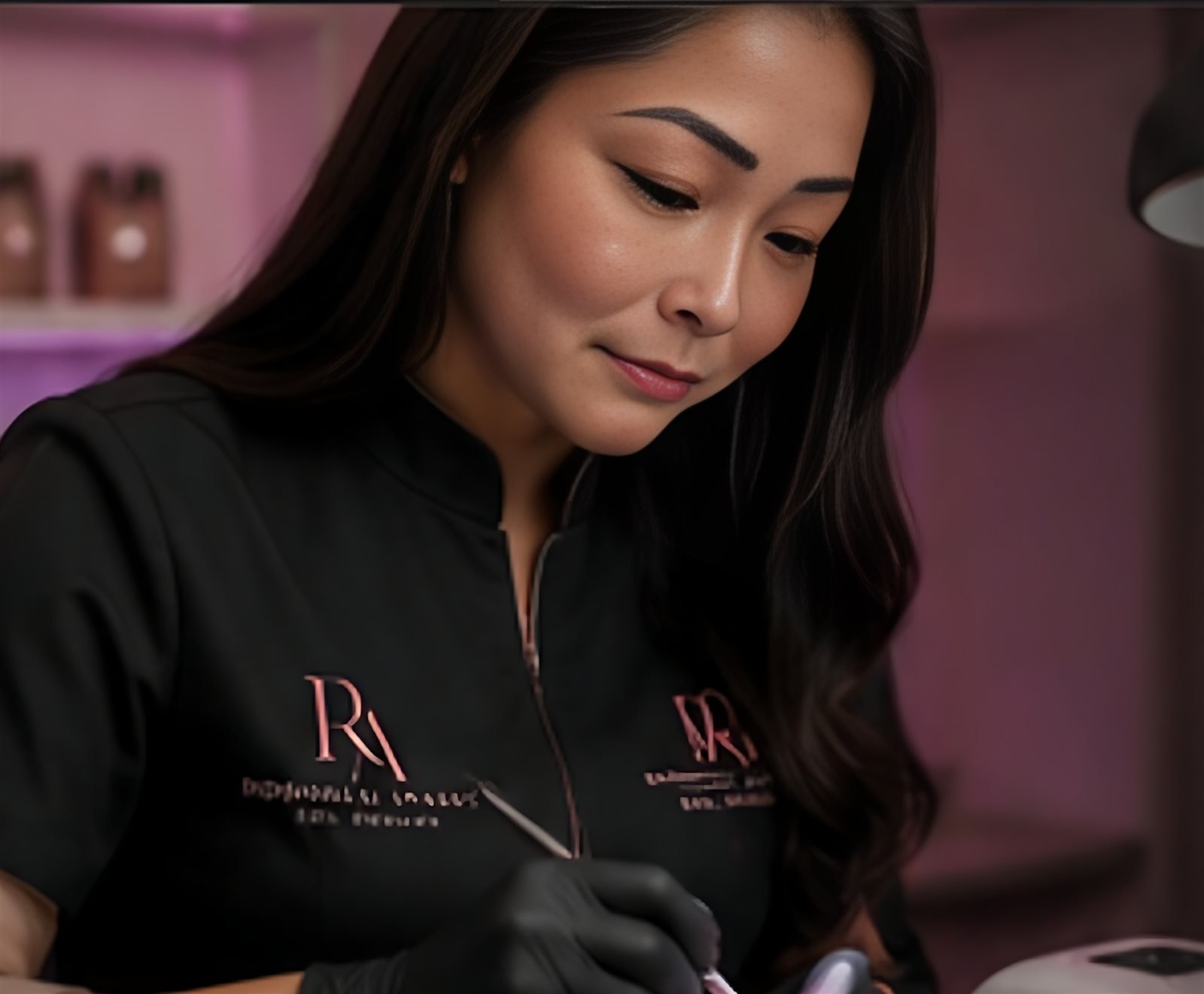 Rosangela Arakaki durante um atendimento profissional de nail design